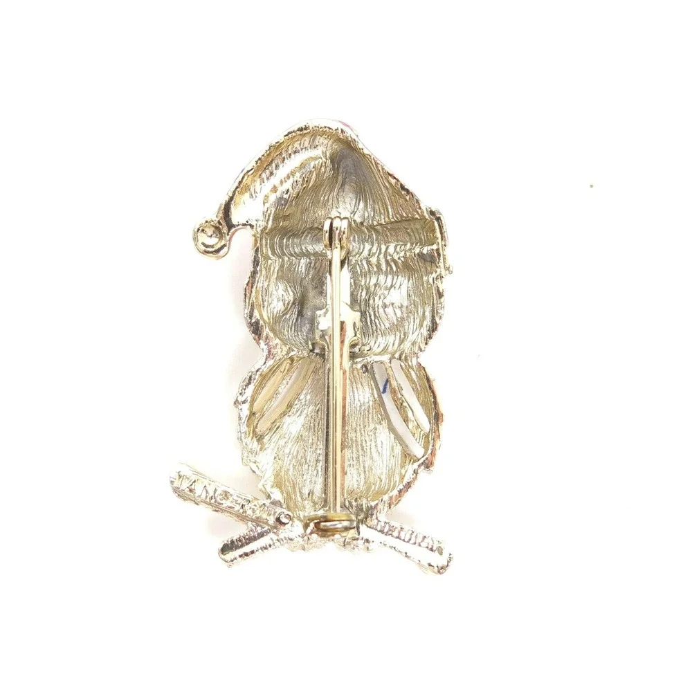VINTAGE SIGNED TANCER II‎ RHINESTONE OWL CHRISTMAS HAT FIGURAL GOLD BROOCH PIN